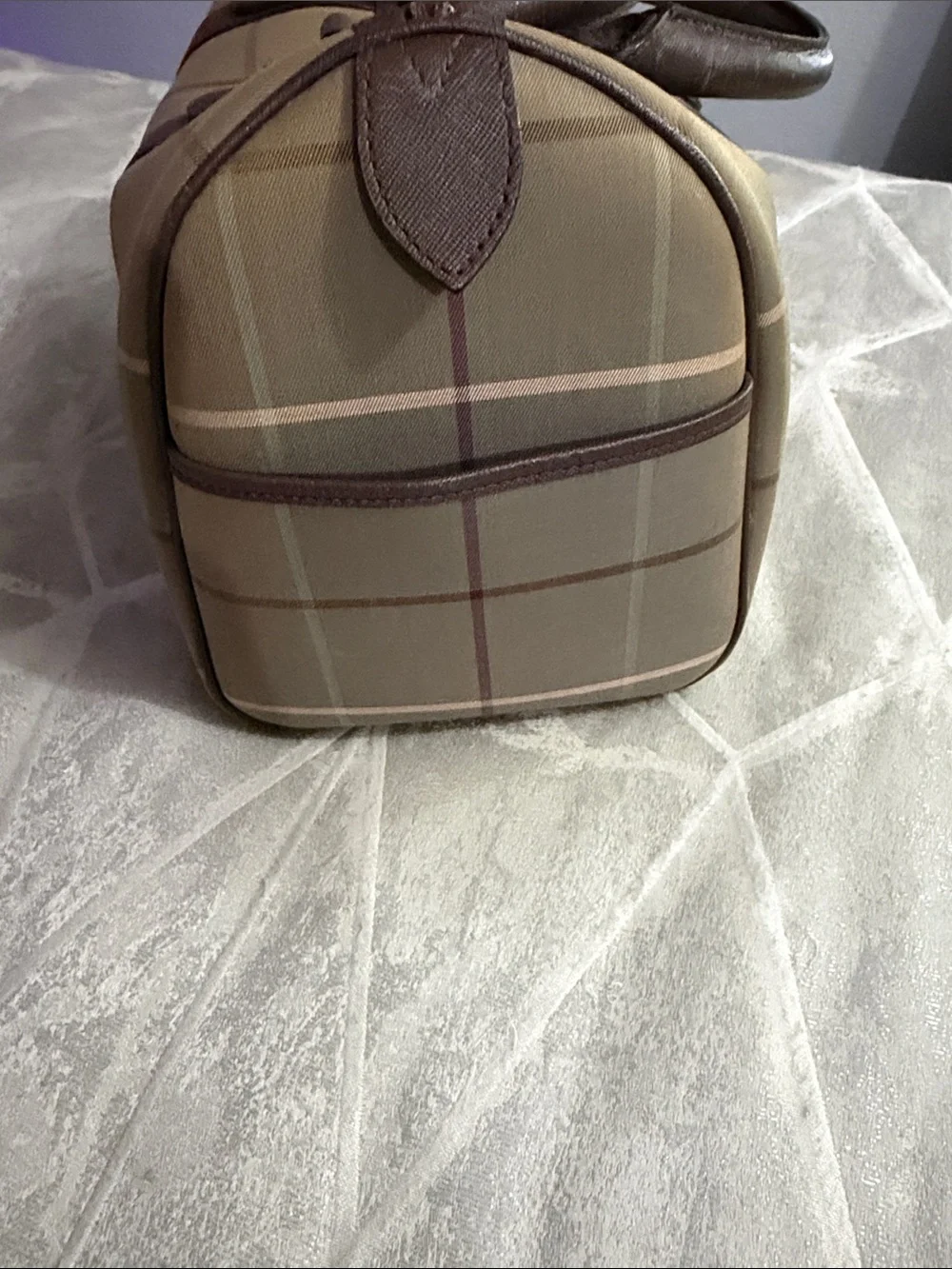 Burberry Taupe Plaid Duffel with Brown Leather Trim